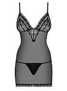 Skin-tight chemise, sheer mesh, thin shoulder straps, lace panel